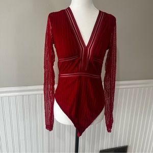 Red Backless Lace V Neck Body Suit
